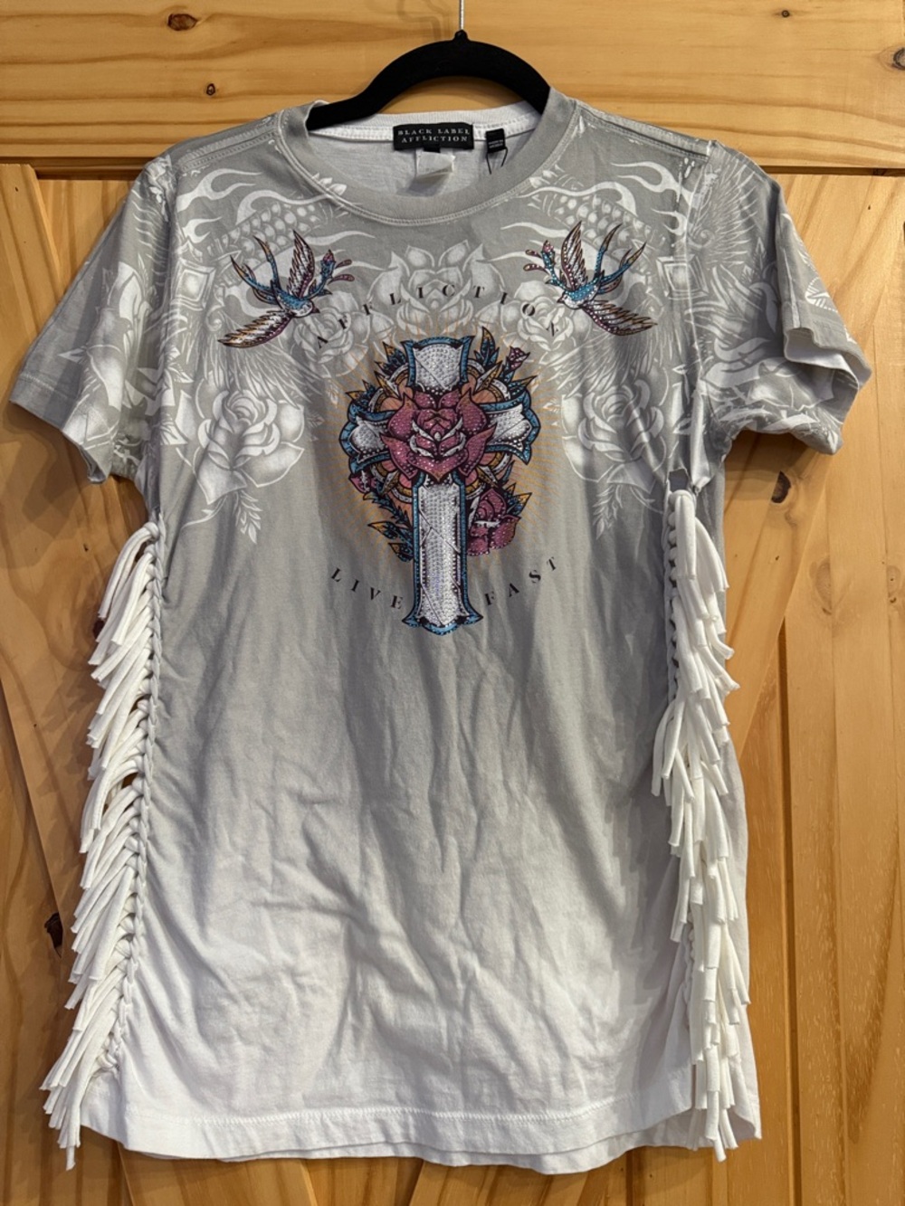 Affliction White & Black Floral Embroidered Tee